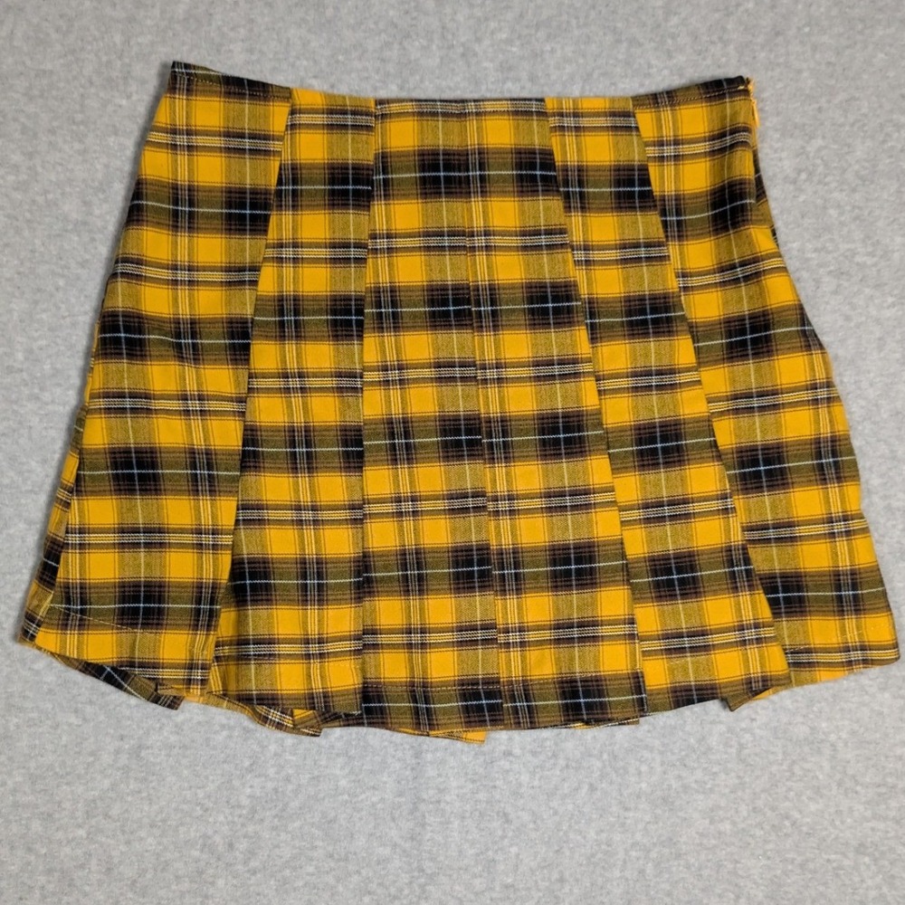 Forever 21 Plaid Mini Skirt Large Yellow Pleated Y2K 90s Clueless Academia Indie